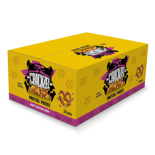 Crackzel Pretzel Honey Mustard and Onion, box med saltede pretzels med honning, sennep og løg