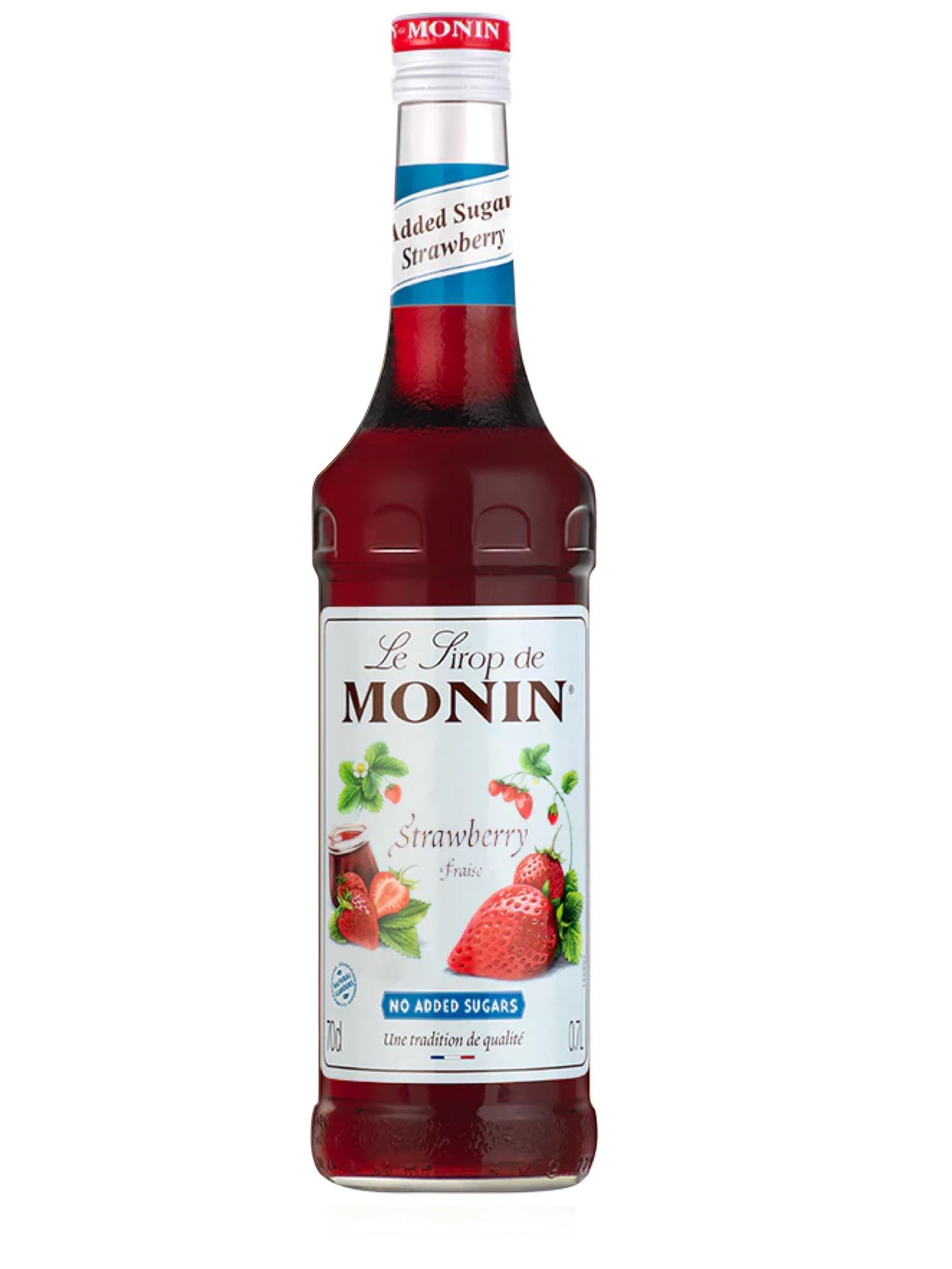 Monin jordbær sukkerfri sirup i en flaske, perfekt til at tilføje en sød jordbærsmag til dine drikke uden sukker
