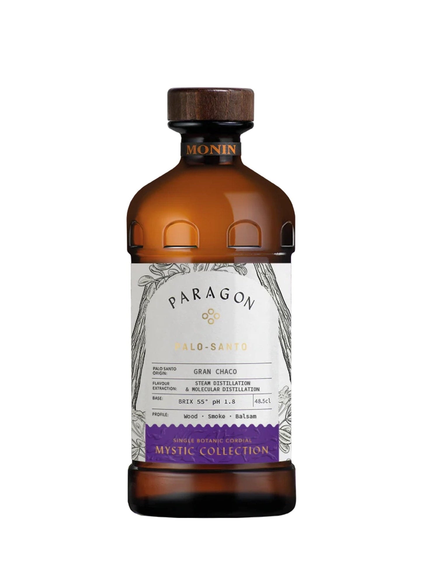 Monin Paragon Palo Santo Cordial – unik og aromatisk cordial med smag af Palo Santo, perfekt til at skabe spændende og eksotiske cocktails