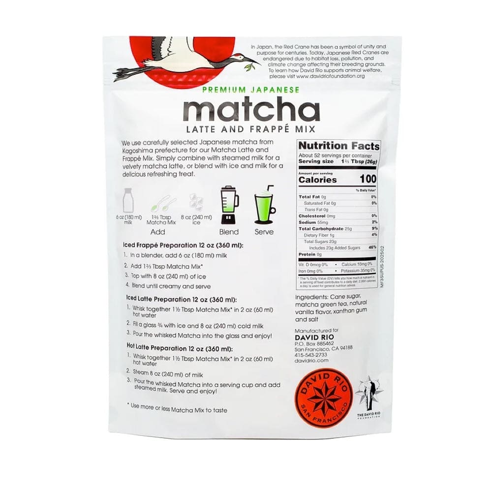 David Rio Matcha Latte pulver i original emballage til café og hjemmebrug