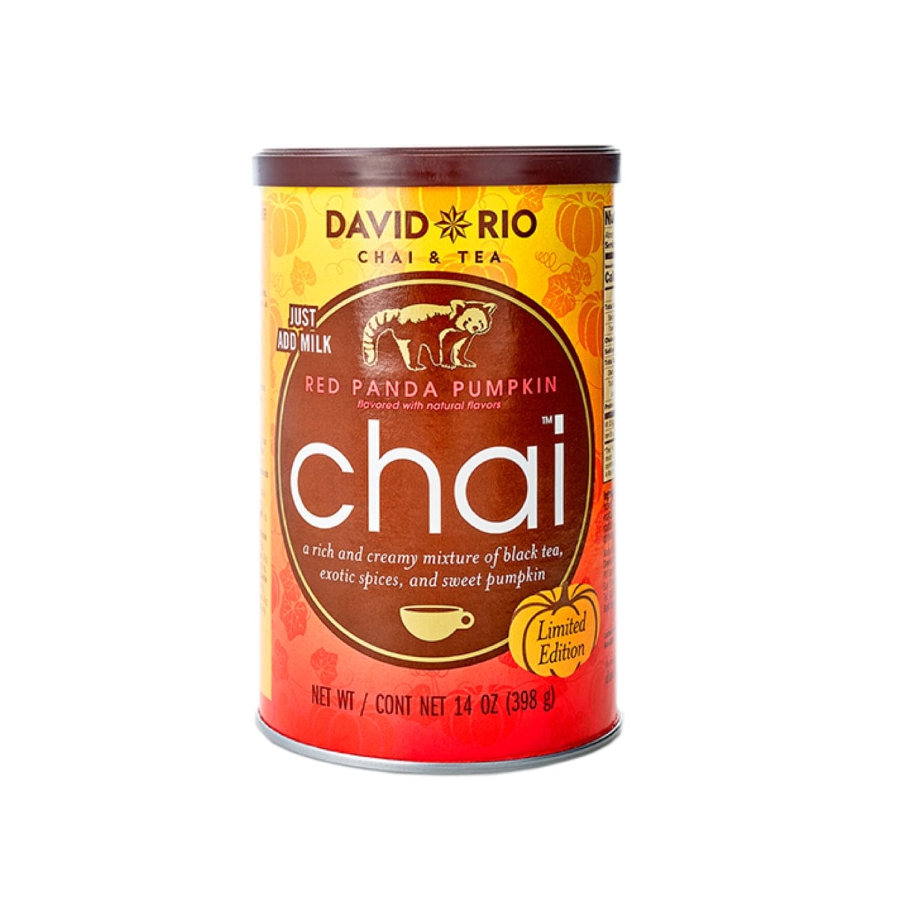 Dåse med David Rio Red Panda Pumpkin Chai – krydret chai-te med smag af græskartærte, dekoreret med rød panda-motiv