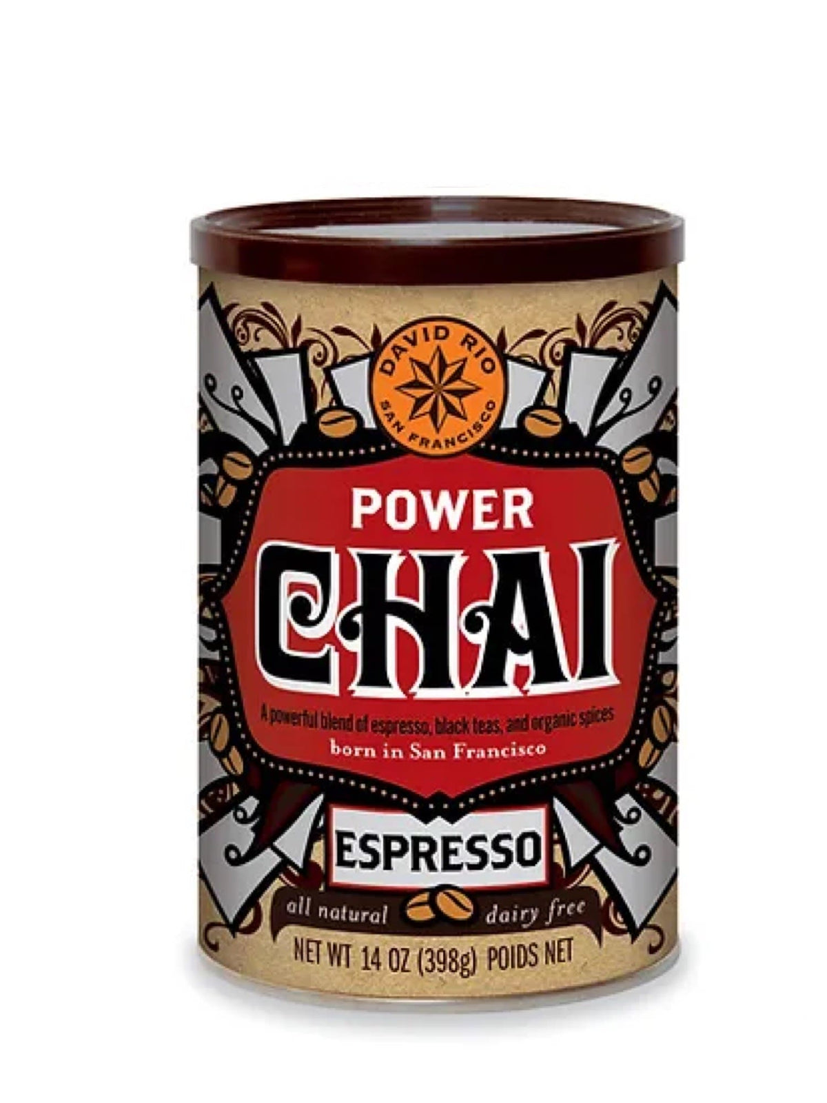 David Rio Power Chai Espresso, 398g, en kraftfuld chai-blanding med espresso og krydderier