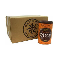 David Rio Tiger Spice Chai – kasse med chai-dåser, perfekt til caféer og te-elskere.