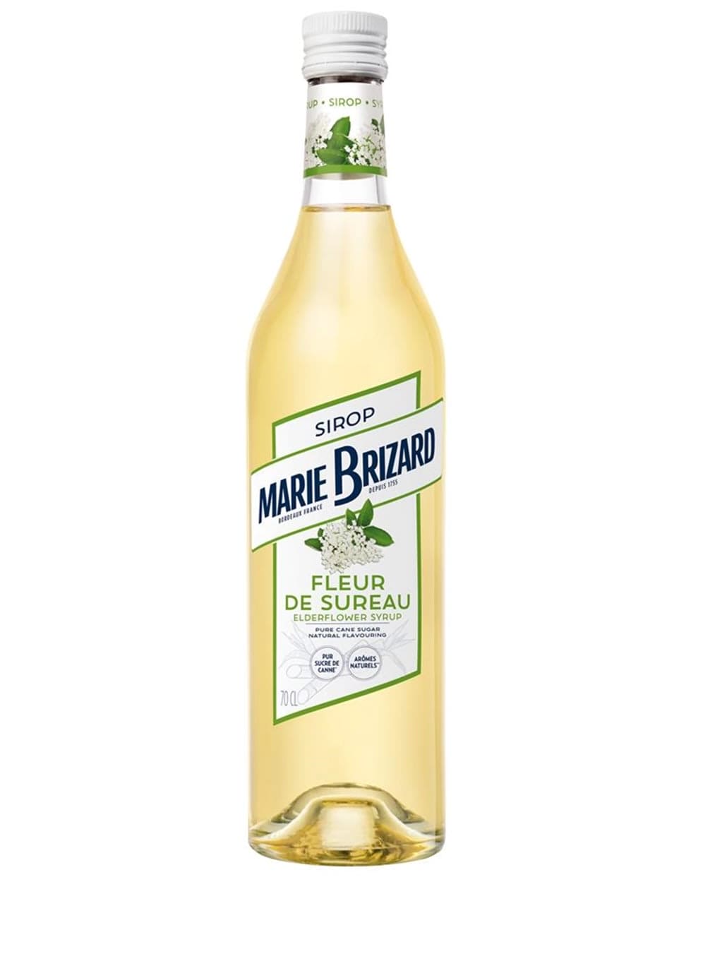 Marie Brizard hyldeblomstsirup i en flaske, perfekt til at tilføje en delikat blomsteragtig smag til dine drikke.