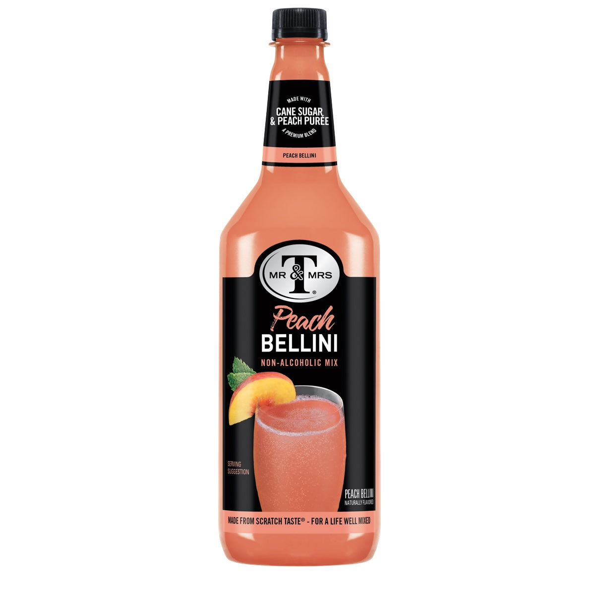 Mr & Mrs T Peach Bellini drink – klar serveret cocktail med ferskensmag i flaske, perfekt til festlige lejligheder og hjemmebarer.