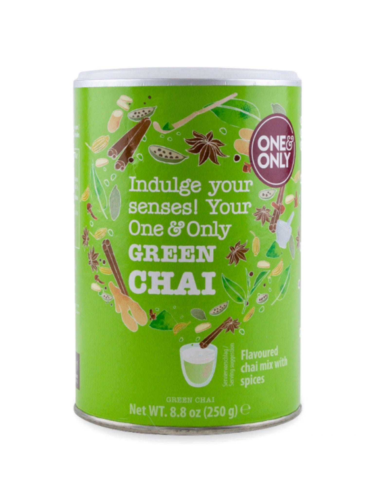 One & Only Green Chai Can – aromatisk chai-te med grøn te, perfekt til en forfriskende og krydret teoplevelse.