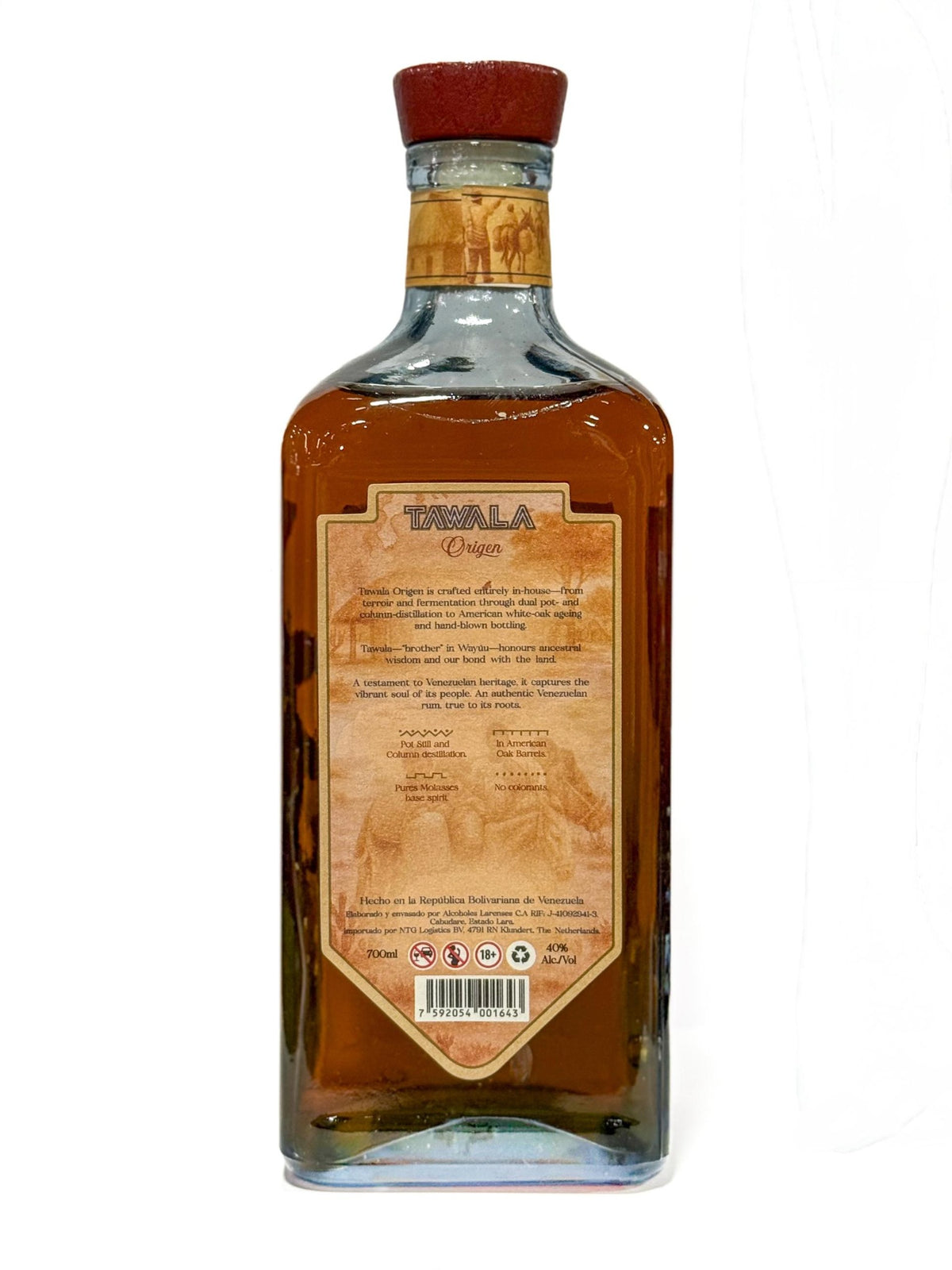 Back label of Tawala Origen rum 70 cl bottle, 40% ABV