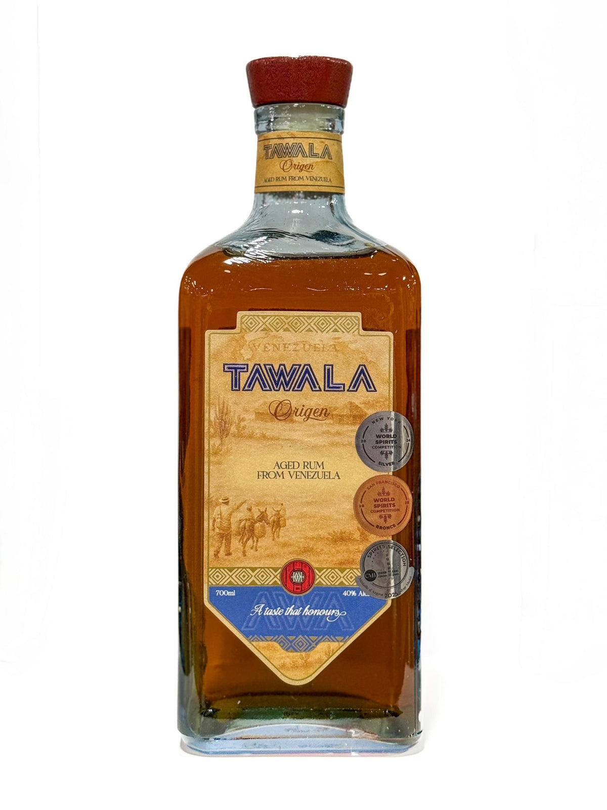 Tawala Origen rum 70 cl bottle, front view on a white background