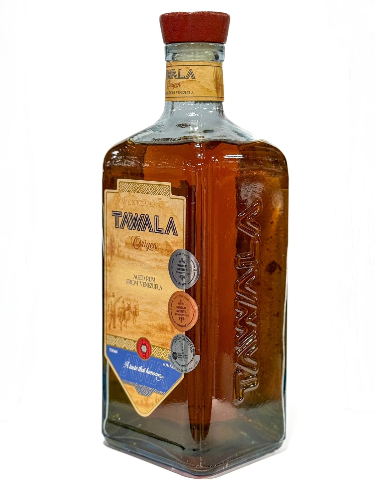 Tawala Origen aged Venezuelan rum bottle viewed from an angle